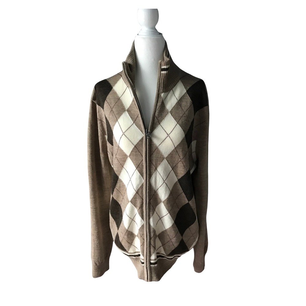 Express Design Studio Mens Merino Wool Argyle Full Zip Cardigan Sweater Tan M
